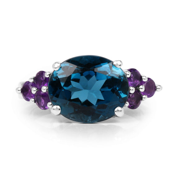 6.60 Carat Genuine London Blue Topaz & Amethyst .925 Sterling Silver Ring