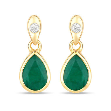 1.35 Carat Genuine Zambian Emerald and White Diamond 14K Yellow Gold Earrings