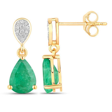 2.28 Carat Genuine Zambian Emerald and White Diamond 10K Yellow Gold Earrings - 0