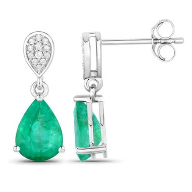 2.28 Carat Genuine Zambian Emerald and White Diamond 14K White Gold Earrings - 0
