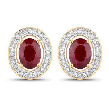 2.12 Carat Genuine Ruby and White Diamond 14K Yellow Gold Earrings