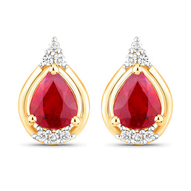 1.36 Carat Genuine Ruby and White Diamond 14K Yellow Gold Earrings