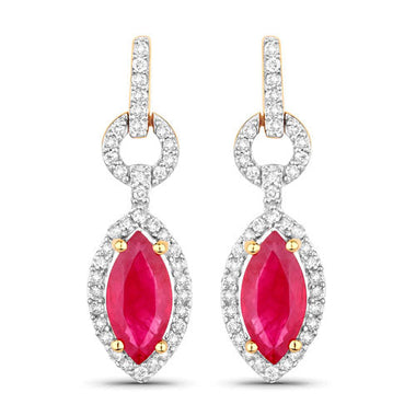 1.23 Carat Genuine Ruby and White Diamond 14K Yellow Gold Earrings