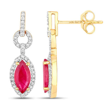 1.23 Carat Genuine Ruby and White Diamond 14K Yellow Gold Earrings - 0