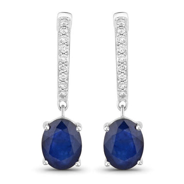 3.24 Carat Genuine Blue Sapphire and White Diamond 14K White Gold Earrings