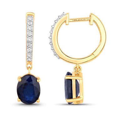 3.24 Carat Genuine Blue Sapphire and White Diamond 14K Yellow Gold Earrings - 0