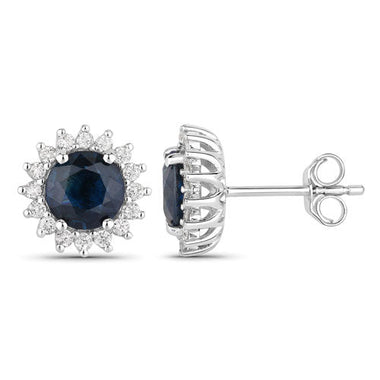 2.38 Carat Genuine Blue Sapphire and White Diamond 14K White Gold Earrings - 0