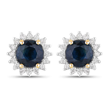 2.38 Carat Genuine Blue Sapphire and White Diamond 14K Yellow Gold Earrings