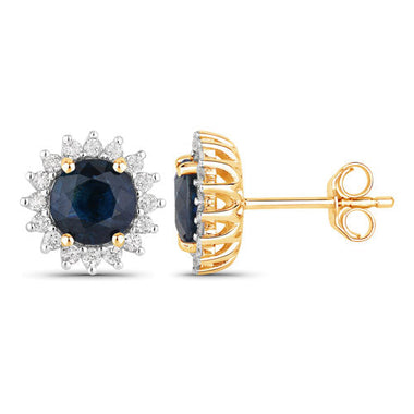 2.38 Carat Genuine Blue Sapphire and White Diamond 14K Yellow Gold Earrings - 0
