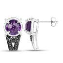 3.61 Carat Genuine Amethyst, Black Diamond and White Diamond .925 Sterling Silver Earrings-5