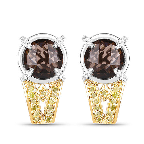 3.75 Carat Genuine Smoky Quartz, Yellow Diamond and White Diamond .925 Sterling Silver Earrings