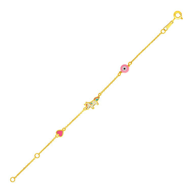 14k Yellow Gold 5 1/2 inch Childrens Bracelet with Enameled Heart Unicorn and Circle - 0