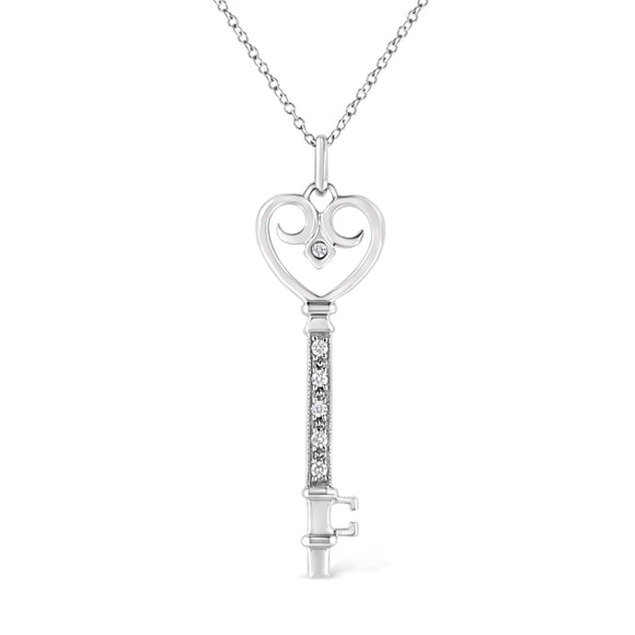 .925 Sterling Silver Pave and Bezel-Set Diamond Accent Key 18" Heart and Lock Pendant Necklace (K-L Color, I1-I2 Clarity)