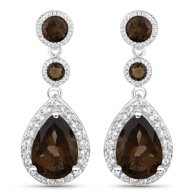 7.34 Carat Genuine Smoky Quartz and White Topaz .925 Sterling Silver Earrings - 0