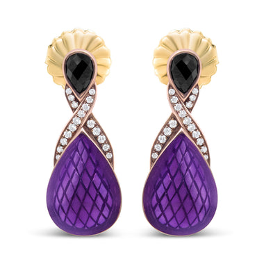 18K Rose Gold Flash Plated .925 Sterling Silver Purple Enamel 1/5 Cttw Round Pave-Set Diamond and 5.5 x 4mm Pear-Shaped Black Onyx Drop Earrings (F-G Color, VS1-VS2 Clarity)