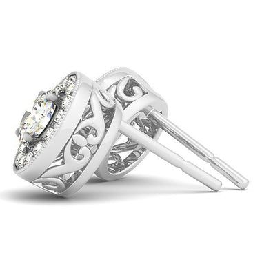 14k White Gold Round Diamond Halo Milgrain Border Earrings (3/4 cttw) - 0