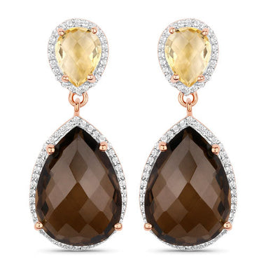 20.80 Carat Genuine Smoky Quartz and Citrine 925 Sterling Silver Earrings