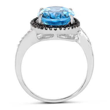 5.48 Carat Genuine Swiss Blue Topaz, Black Diamond and White Diamond .925 Sterling Silver Ring - 0