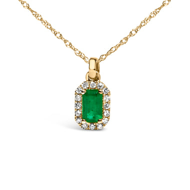 10K Yellow Gold 5x3mm Green Emerald and Diamond Accent Halo Octagonal Shape 18" Pendant Necklace (I-J Color, I1-I2 Clarity) - 0