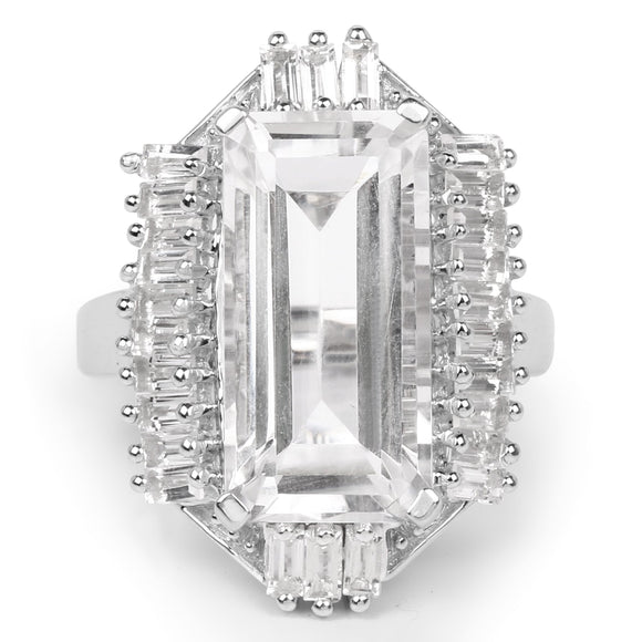 9.77 Carat Genuine Crystal Quartz & White Topaz .925 Sterling Silver Ring