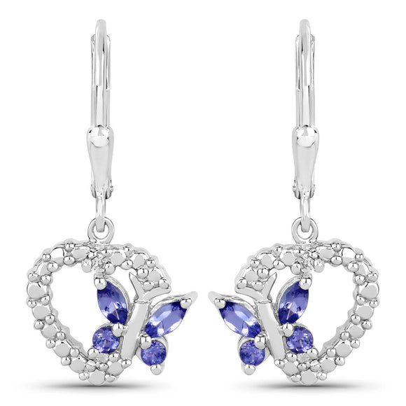 0.50 Carat Genuine Tanzanite and Created White Sapphire .925 Sterling Silver Earrings