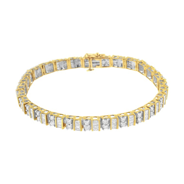 10K Yellow Gold 4.0 Cttw Alternating Baguette & Round Cut Diamond Bezel- & Prong-Set 7" Tennis Bracelet (G-H Color, SI1-SI2 Clarity) - 0