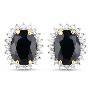 3.32 Carat Genuine Blue Sapphire and White Diamond 14K Yellow Gold Earrings