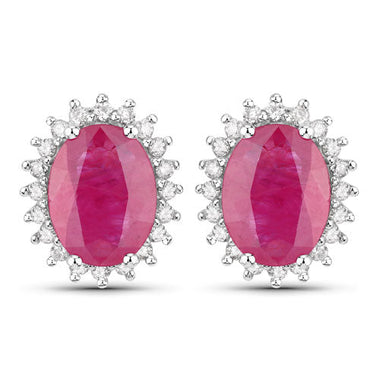 3.14 Carat Genuine Ruby and White Diamond 14K White Gold Earrings