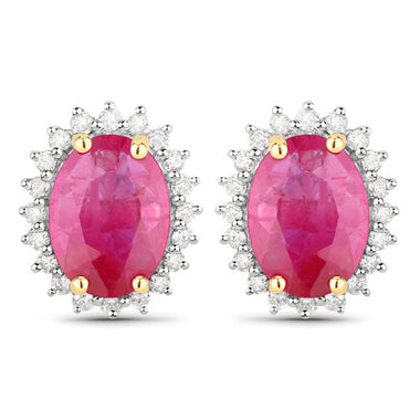 3.14 Carat Genuine Ruby and White Diamond 14K Yellow Gold Earrings - 0