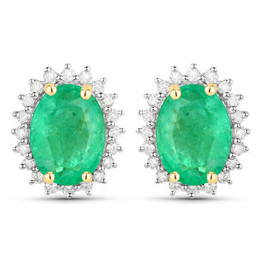 2.66 Carat Genuine Zambian Emerald and White Diamond 10K Yellow Gold Earrings