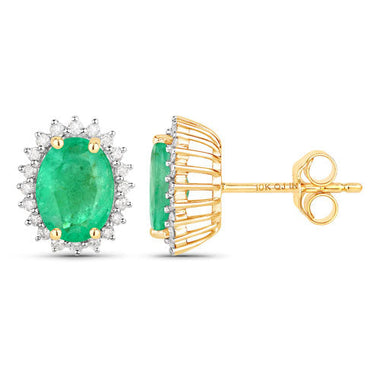 2.66 Carat Genuine Zambian Emerald and White Diamond 10K Yellow Gold Earrings - 0