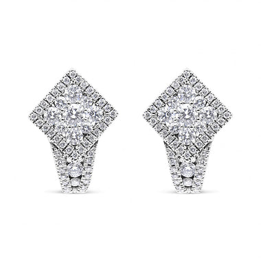18K White Gold 1 1/10 Cttw Round Diamond Cluster with Halo Hoop Huggie Earring (F-G Color, VS1-VS2 Clarity) - 0