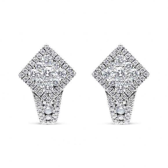 18K White Gold 1 1/10 Cttw Round Diamond Cluster with Halo Hoop Huggie Earring (F-G Color, VS1-VS2 Clarity)