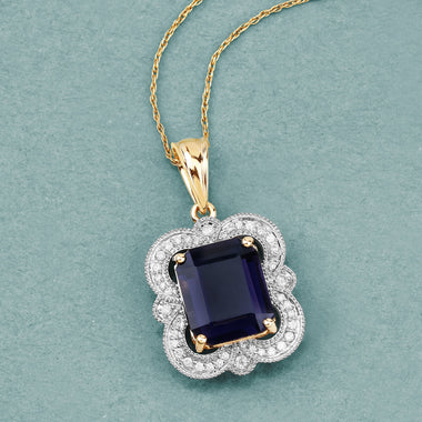4.07 Carat Genuine Iolite and White Diamond 14K Yellow Gold Pendant - 0