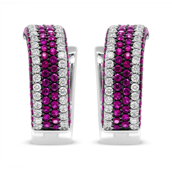 18K White Gold 1 7/8 Cttw Diamond and 1mm Round Red Ruby Open Swish Hoop Earrings (F-G Color, VS1-VS2 Clarity)