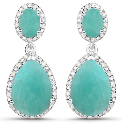 9.64 Carat Genuine Emerald and White Diamond .925 Sterling Silver Earrings