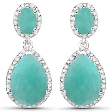 9.64 Carat Genuine Emerald and White Diamond .925 Sterling Silver Earrings - 0