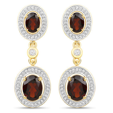 18K Yellow Gold Plated 6.30 Carat Genuine Garnet and White Topaz .925 Sterling Silver Earrings - 0