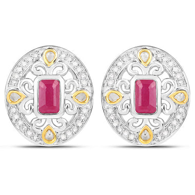 0.77 Carat Genuine Ruby and White Diamond .925 Sterling Silver Earrings - 0