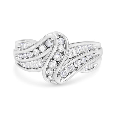 10K White Gold Ring 3/4 Cttw Round and Baguette-Cut Diamond Bypass Ring (H-I Color, I2-I3 Clarity) - Size 6 - 0