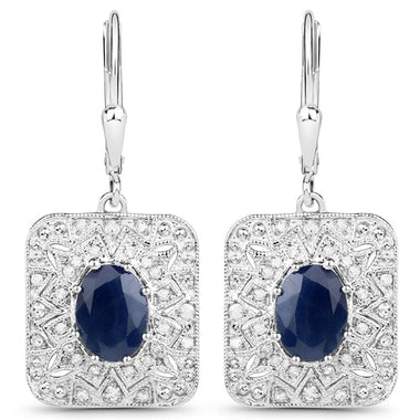 3.36 Carat Genuine Blue Sapphire and White Diamond .925 Sterling Silver Earrings - 0