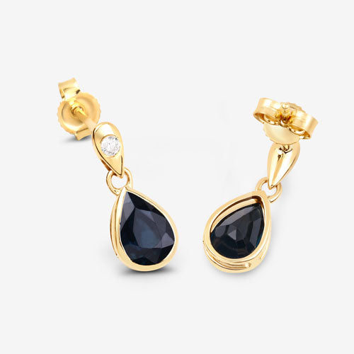 1.65 Carat Genuine Blue Sapphire and White Diamond 10K Yellow Gold Earrings