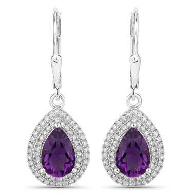 2.77 Carat Genuine Amethyst and White Diamond .925 Sterling Silver Earrings - 0