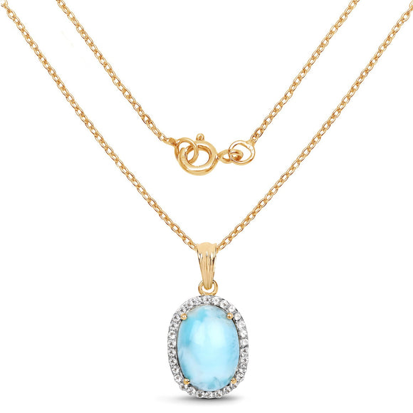 14K Yellow Gold Plated 13.55 Carat Genuine Larimar and White Topaz .925 Sterling Silver Pendant