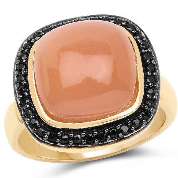 14K Yellow Gold Plated 7.50 ct. t.w. Peach Moonstone and Black Spinel Ring in Sterling Silver