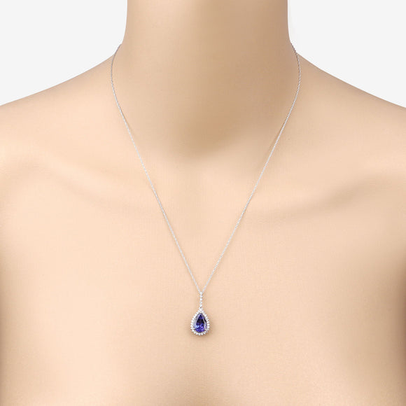 3.05 Carat Genuine Tanzanite and White Diamond 14K White Gold Pendant