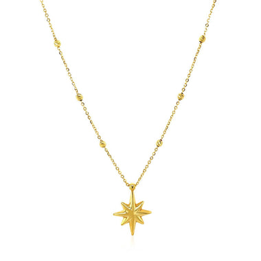 14k Yellow Gold Necklace with Eight Pointed Star and Beads - 0
