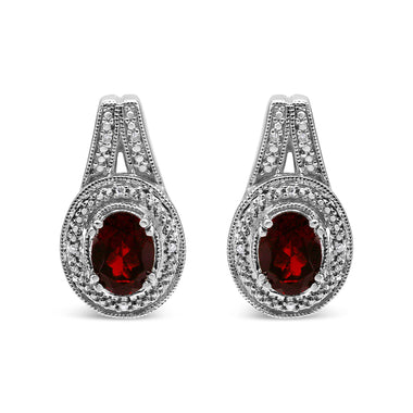 .925 Sterling Silver Diamond Accent and 8x6mm Red Oval Garnet Stud Earrings (I-J Color, I1-I2 Clarity) - 0