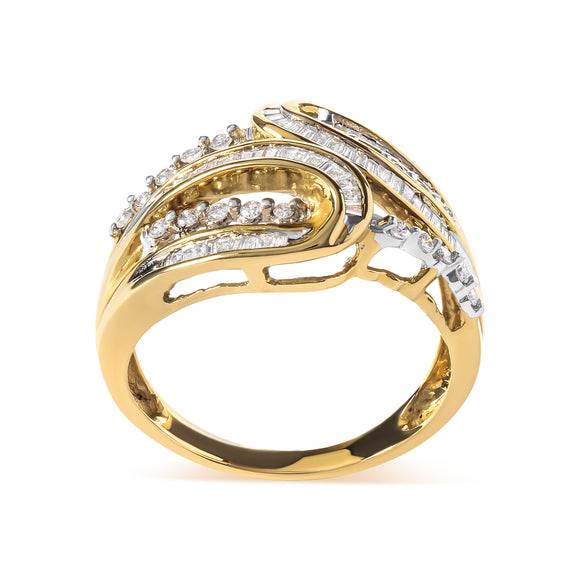 10K Yellow Gold 1/2 Cttw Round and Baguette cut Diamond Open Space Bypass Ring (H-I Color, SI2-I1 Clarity) - Ring Size 7