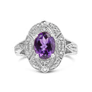 .925 Sterling Silver 9x7mm Oval Purple Amethyst and Diamond Accent Art Deco Style Cocktail Ring (I-J Color, I1-I2 Clarity) - Size 6-1